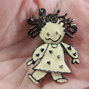 SFJ Raggedy Ann Brooch Silver Tone Cream Black Enamel Numbered